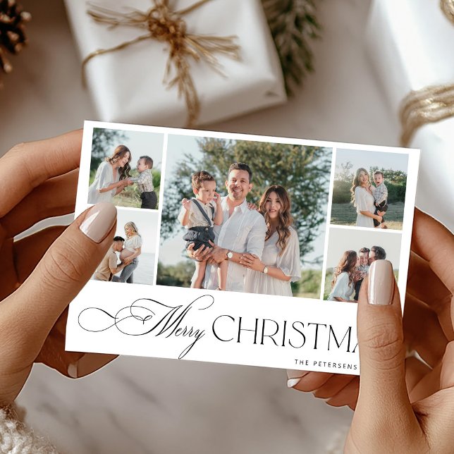 Minimalist modern 5 photo collage Merry Christmas Holiday Card (Creator Uploaded)