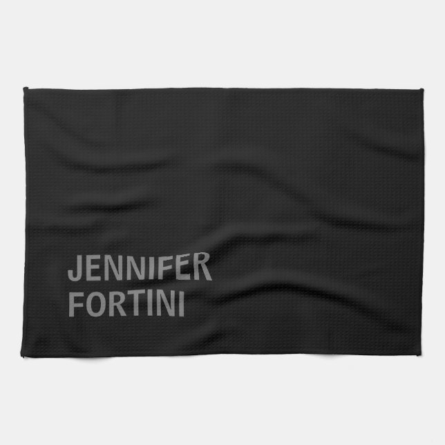 Minimalist Modern Add Your Name Black Grey Kitchen Towel (Horizontal)
