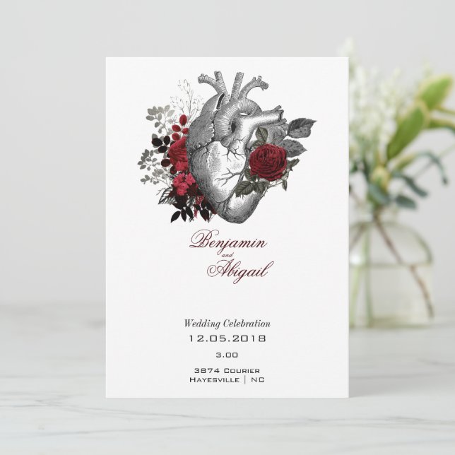 Minimalist Modern Anatomy Gothic Heart Floral Invitation (Standing Front)