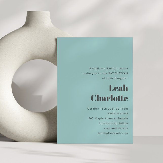 Minimalist Modern Aqua Blue Simple Bat Mitzvah Invitation (Creator Uploaded)