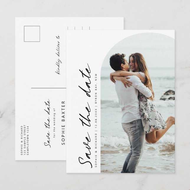Minimalist modern arch photo Save the Date Postcard (Front/Back)