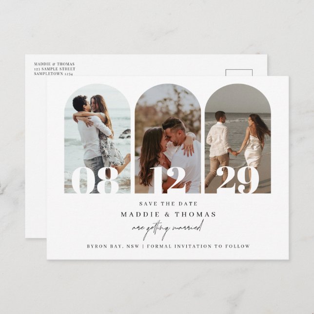 Minimalist modern arch photo Save the Date Postcard (Front/Back)