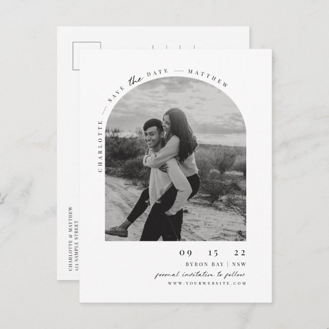 Minimalist modern arch photo Save the Date Postcard (Front/Back)