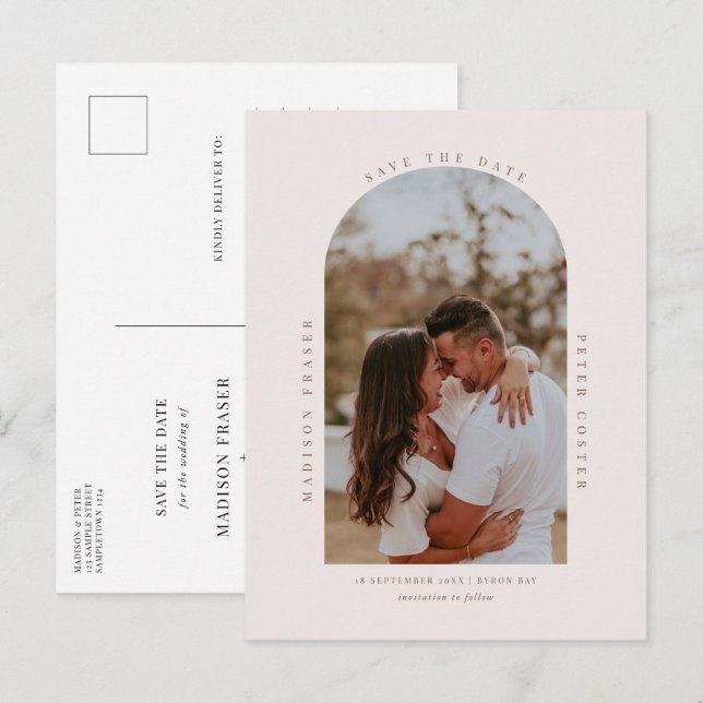 Minimalist modern arch photo Save the Date Postcard (Front/Back)