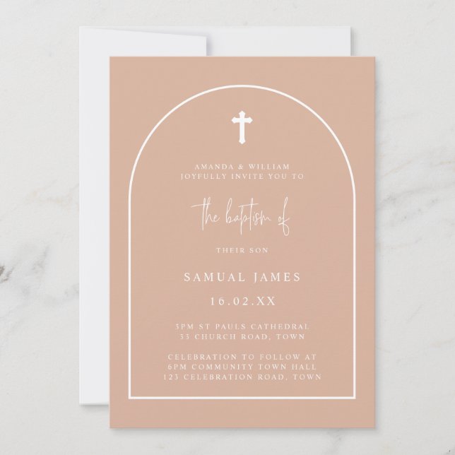 Minimalist Modern Arch Script Baptism Blush Pink Invitation (Front)