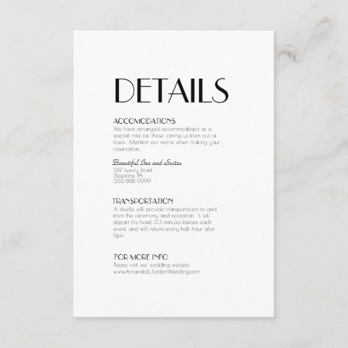 Minimalist Modern Art Deco Wedding Details Enclosure Card