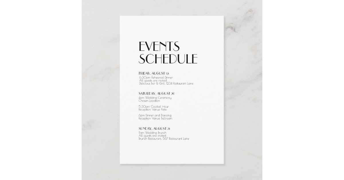 Minimalist Modern Art Deco Wedding Schedule Enclosure Card Zazzle