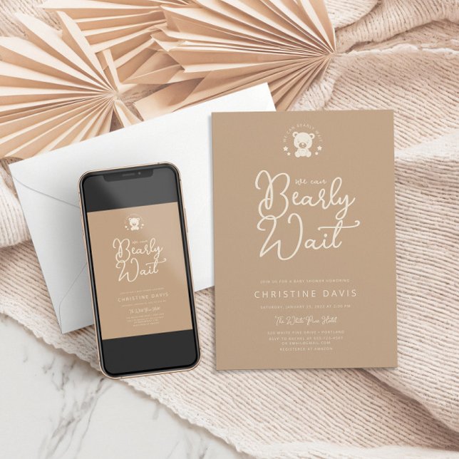 Minimalist Modern Beige Bear Neutral Baby Shower Invitation (Creator Uploaded)