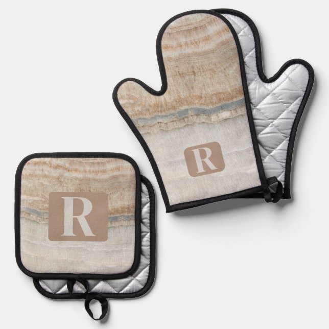 Minimalist Modern Beige Marble Initial Monogram Oven Mitt & Pot Holder Set (Front/Back)