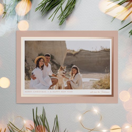 Minimalist Modern Beige Pink 1 Photo Real  Foil Holiday Card