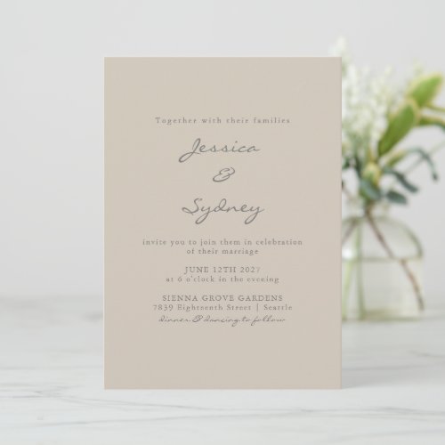 Minimalist Modern Beige Taupe Script Wedding Invitation