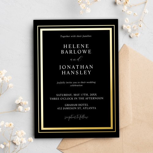 Minimalist Modern Black And Gold Elegant Wedding Foil Invitation