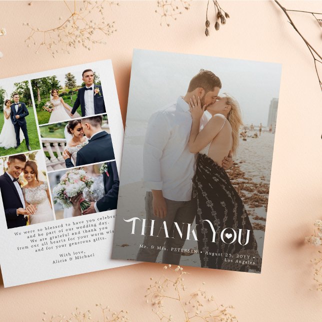 Minimalist modern black and white 6 photos wedding thank you card (Creator Uploaded)