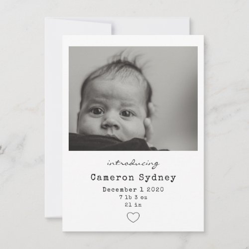 Minimalist Modern Black and White Baby Photo Birth Announcement