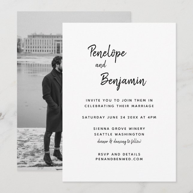 Minimalist Modern Black and White Photo Wedding Invitation (Front/Back)