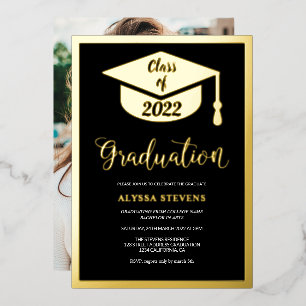 Minimalist modern black gold graduation photo foil invitation