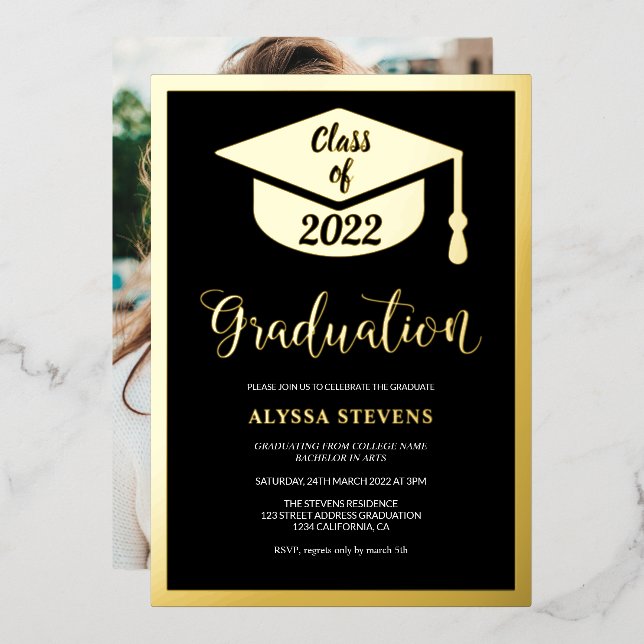 Minimalist modern black gold graduation photo foil invitation (Front/Back)