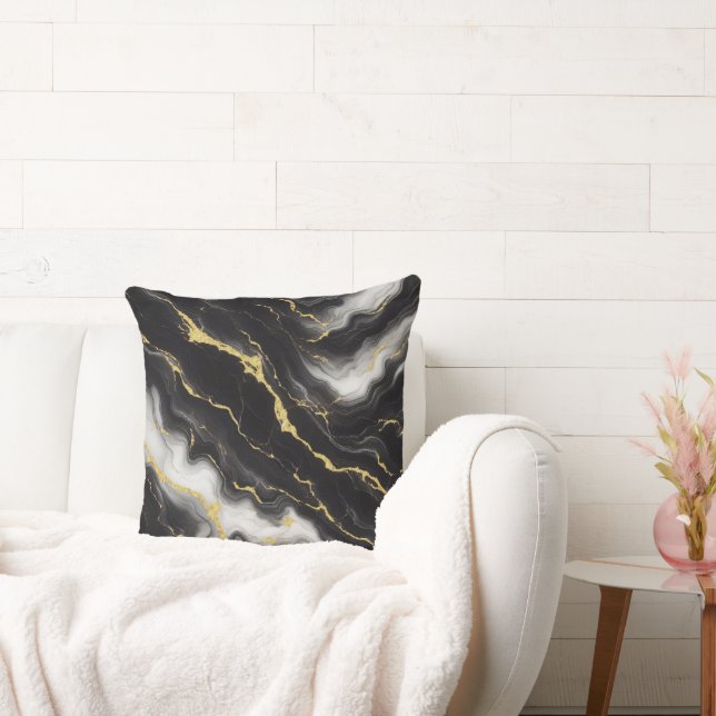 Minimalist Modern Black Gold Marble Throw Pillow (Couch)