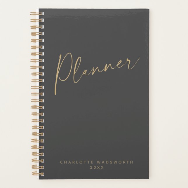 Minimalist Modern Black Gold Personalized Weekly Planner (Front)