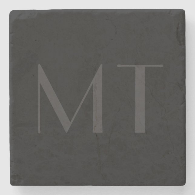Minimalist Modern Black Gray Elegant Monogram Stone Coaster (Front)