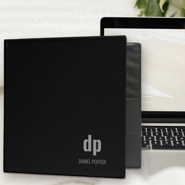Minimalist Modern Black Grey Monogrammed 3 Ring Binder (Black professional binder with minimalist design, modern monogram and custom spine title)