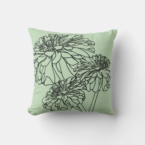 Minimalist modern black line floral drawing green throw pillow