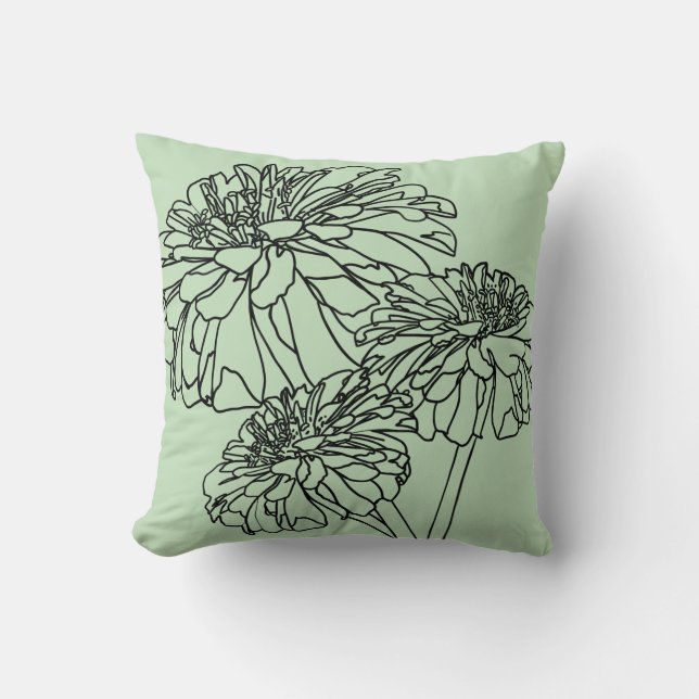 Minimalist modern black line floral drawing green throw pillow (Front)