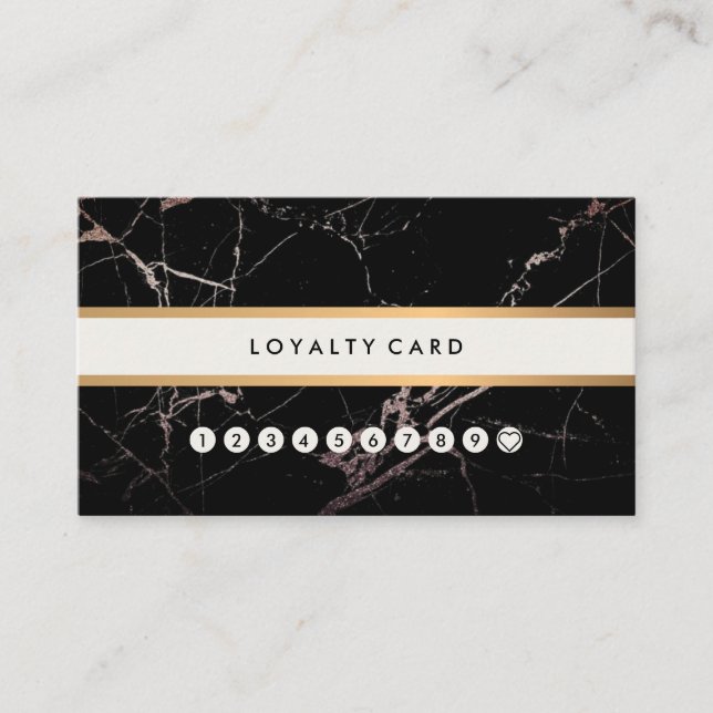 Minimalist Modern Black Marble Gold Stripe Loyalty Business Card (Front)