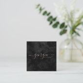 Minimalist Modern Black & Rose Gold Signature Square Business Card (Standing Front)