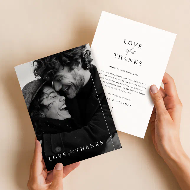 Minimalist Modern Black Script Photo Wedding Thank You Card | Zazzle