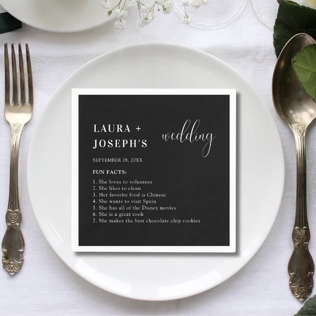 Minimalist Modern Black Wedding Fun Facts Napkins (Creator Uploaded)