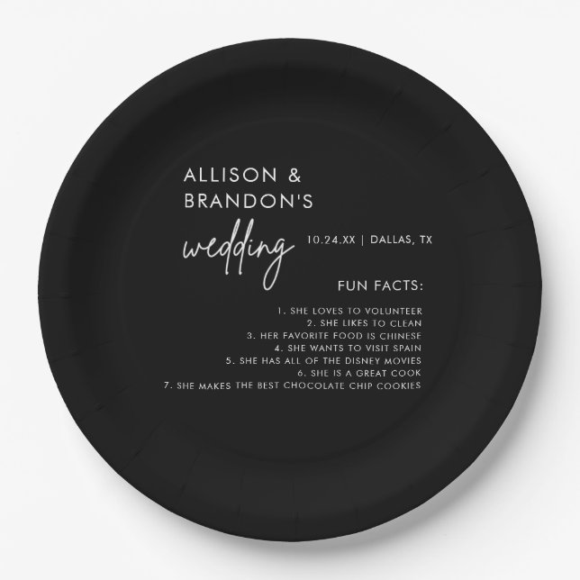 Minimalist Modern Black Wedding Fun Facts Paper Plates (Front)