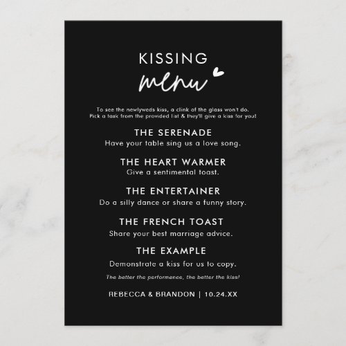 Minimalist Modern Black Wedding Kiss Menu