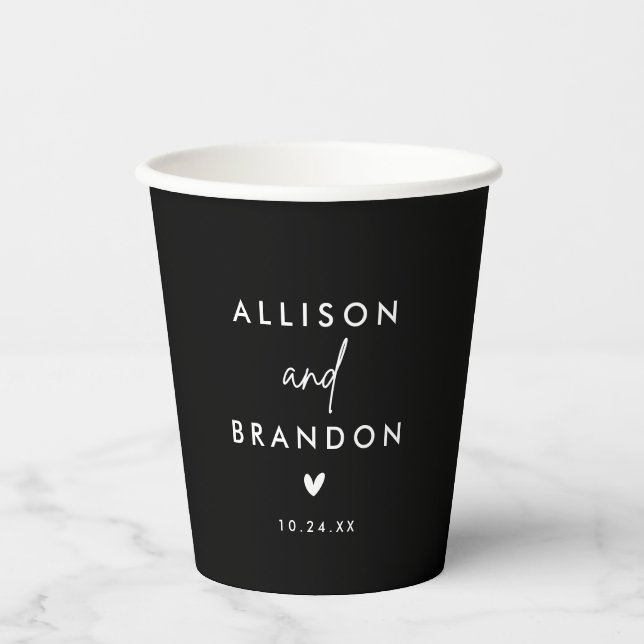 Minimalist Modern Black Wedding Names Paper Cups (Front)