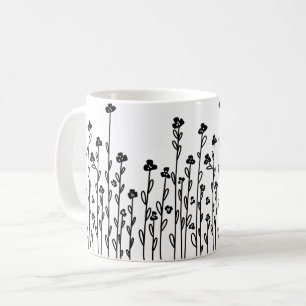 Minimalist modern black white doodle floral coffee mug