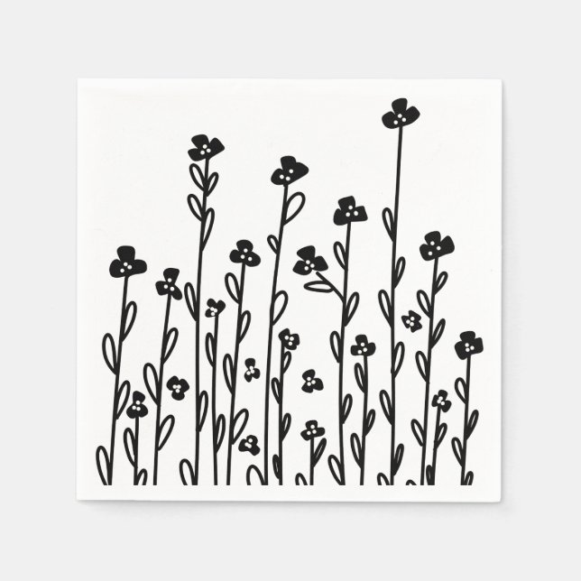 Minimalist modern black white doodle floral napkins (Front)