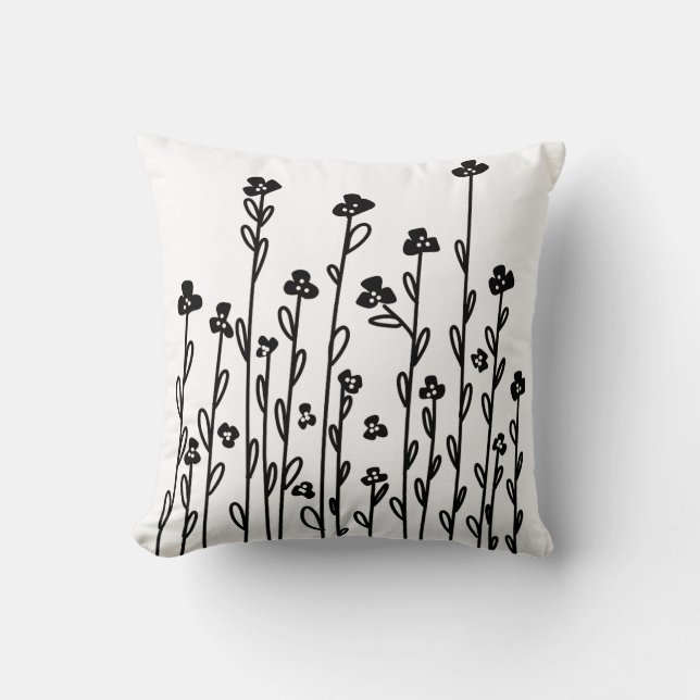 Minimalist modern black white doodle floral throw pillow (Front)