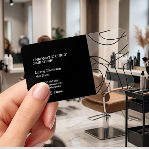 Minimalist Modern Black White Line Hair Studio Clear Business Cards