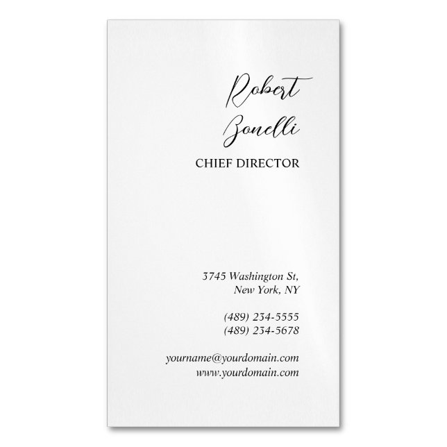 Minimalist Modern Black White Personalized Business Card Magnet (Front Vertical)