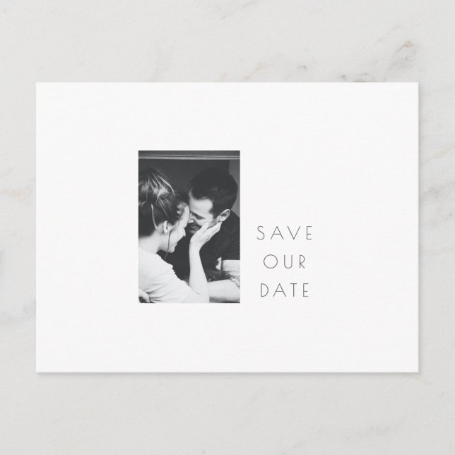 Minimalist Modern Black White Photo Save the Date Postcard (Front)
