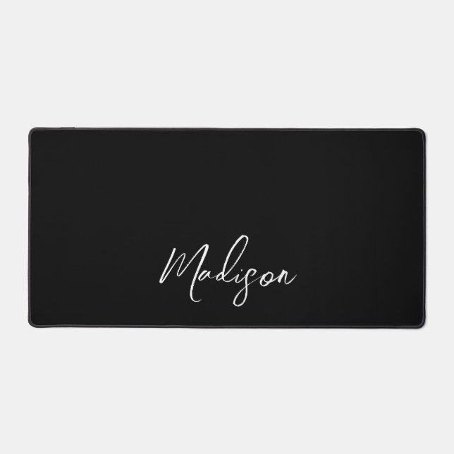 Minimalist Modern Black White Script Personalized Desk Mat (Front)