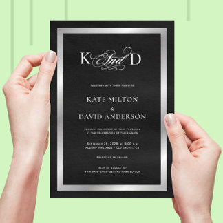 Minimalist Modern Black White Silver Wedding Invitation