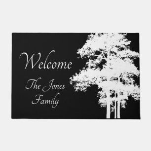 Minimalist modern black white tree silhouette doormat