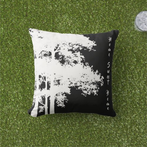 Minimalist modern black white tree silhouette outdoor pillow