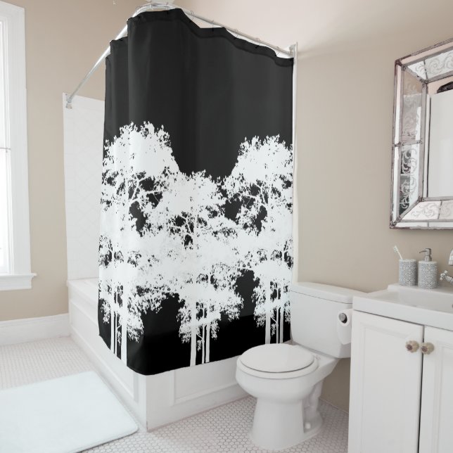 Minimalist modern black white tree silhouette shower curtain (In Situ)