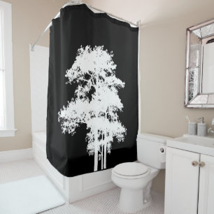 Minimalist modern black white tree silhouette shower curtain