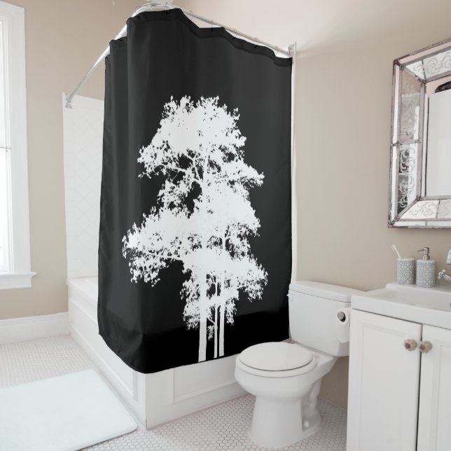Minimalist modern black white tree silhouette shower curtain (In Situ)
