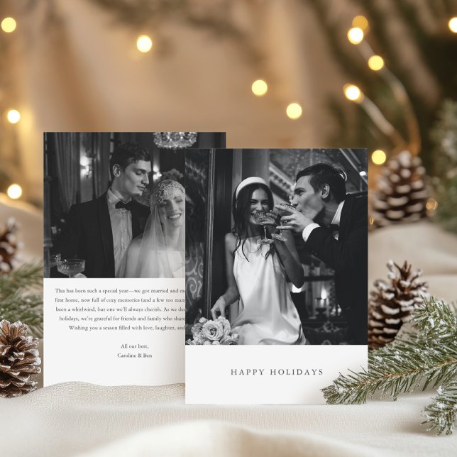 Minimalist Modern Black White Two Photo Wedding Holiday Card (Creator Uploaded)