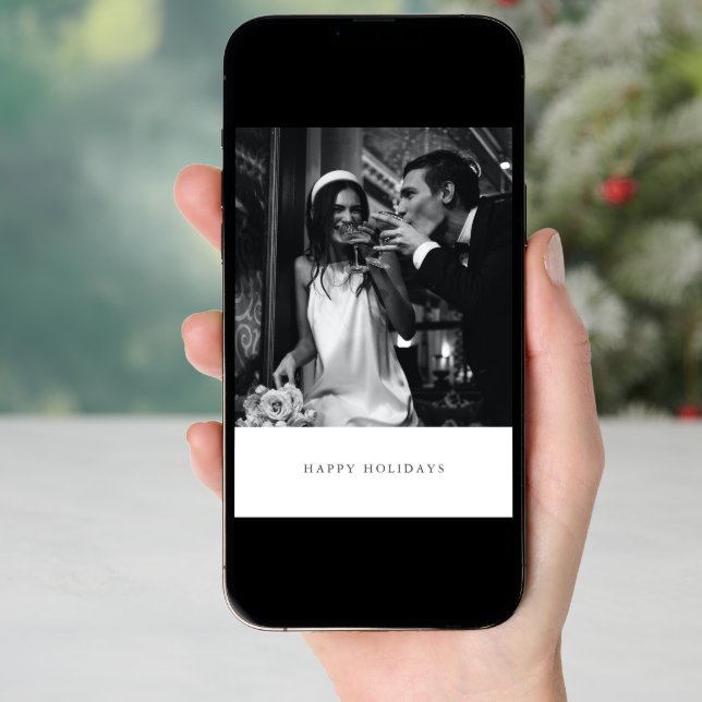 Minimalist Modern Black White Two Photo Wedding Holiday Card (Front Digital)