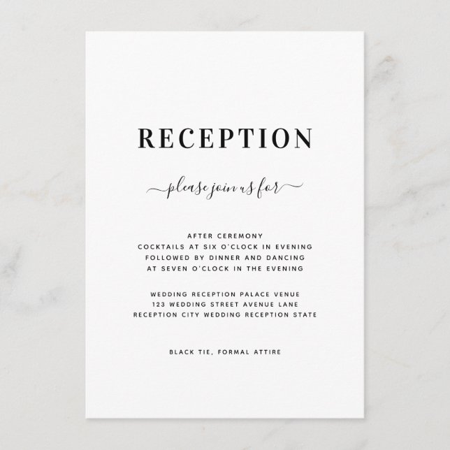 Minimalist Modern Black & White Wedding Reception Enclosure Card (Front)